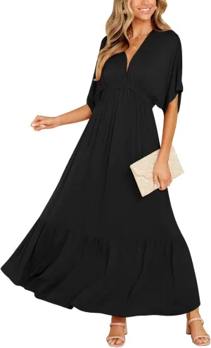DEEP SELF Womens Summer V Neck Batwing Short Sleeve Maxi Dress Casual Loose High Waist Flowy Long Beach Dress