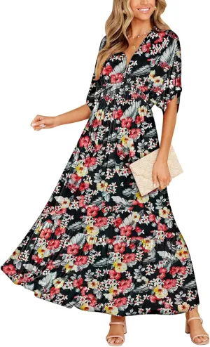 DEEP SELF Womens Summer V Neck Batwing Short Sleeve Maxi Dress Casual Loose High Waist Flowy Long Beach Dress