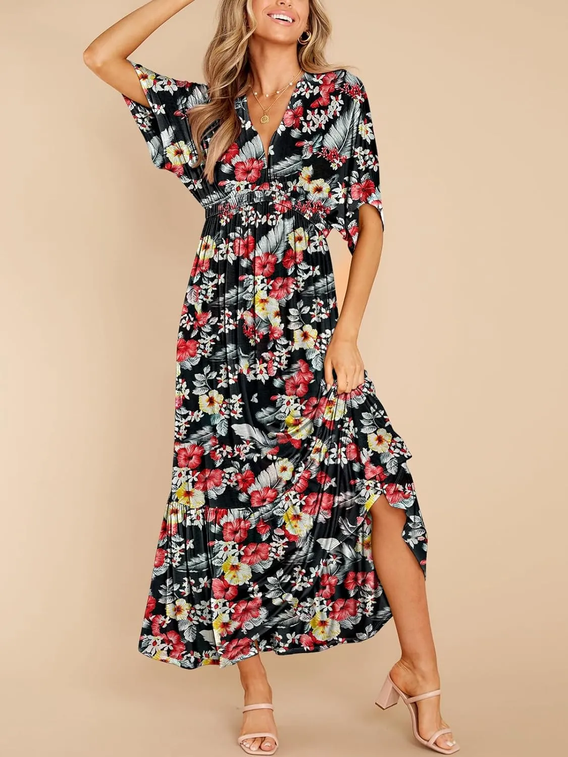 DEEP SELF Womens Summer V Neck Batwing Short Sleeve Maxi Dress Casual Loose High Waist Flowy Long Beach Dress