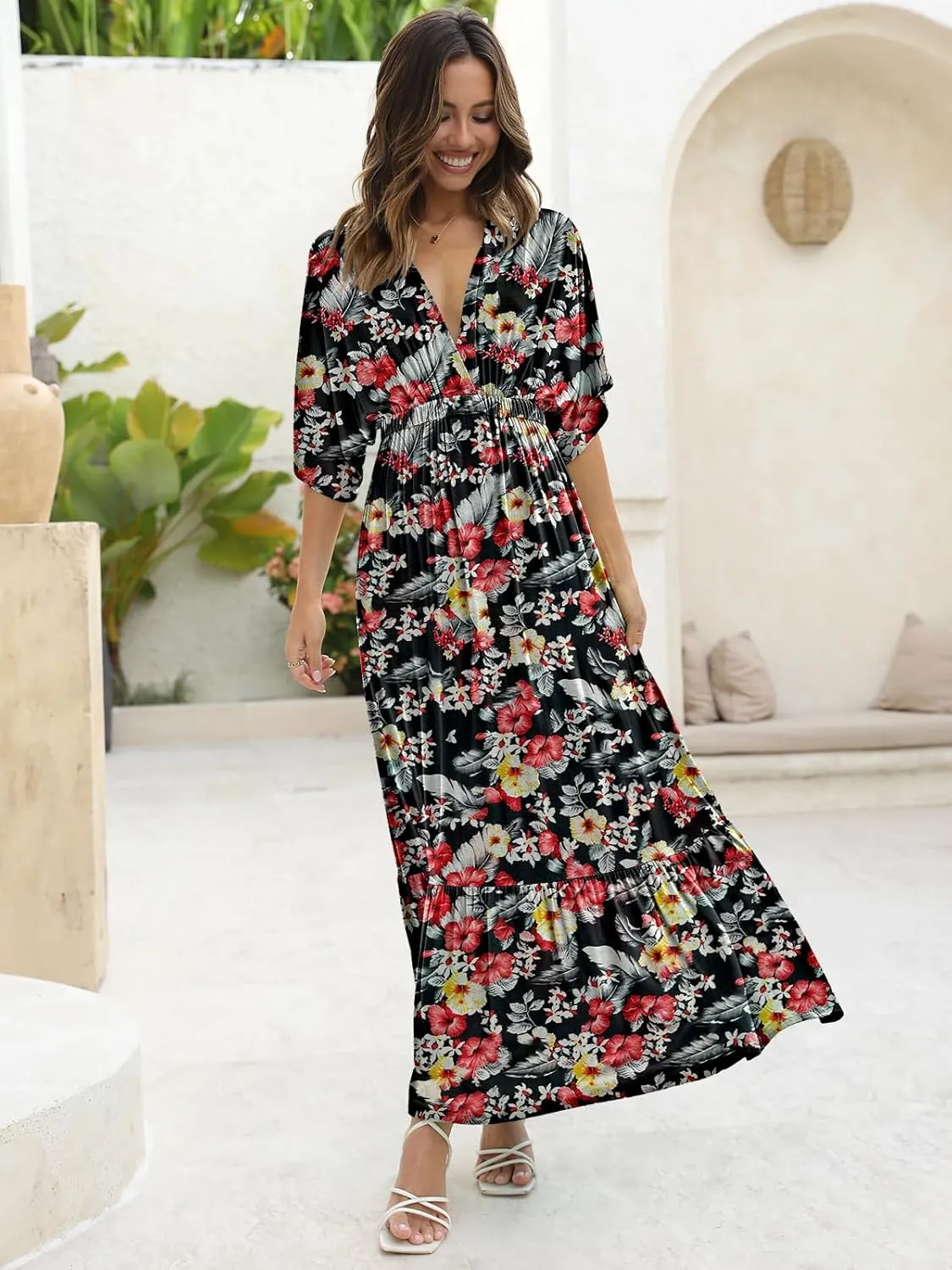 DEEP SELF Womens Summer V Neck Batwing Short Sleeve Maxi Dress Casual Loose High Waist Flowy Long Beach Dress