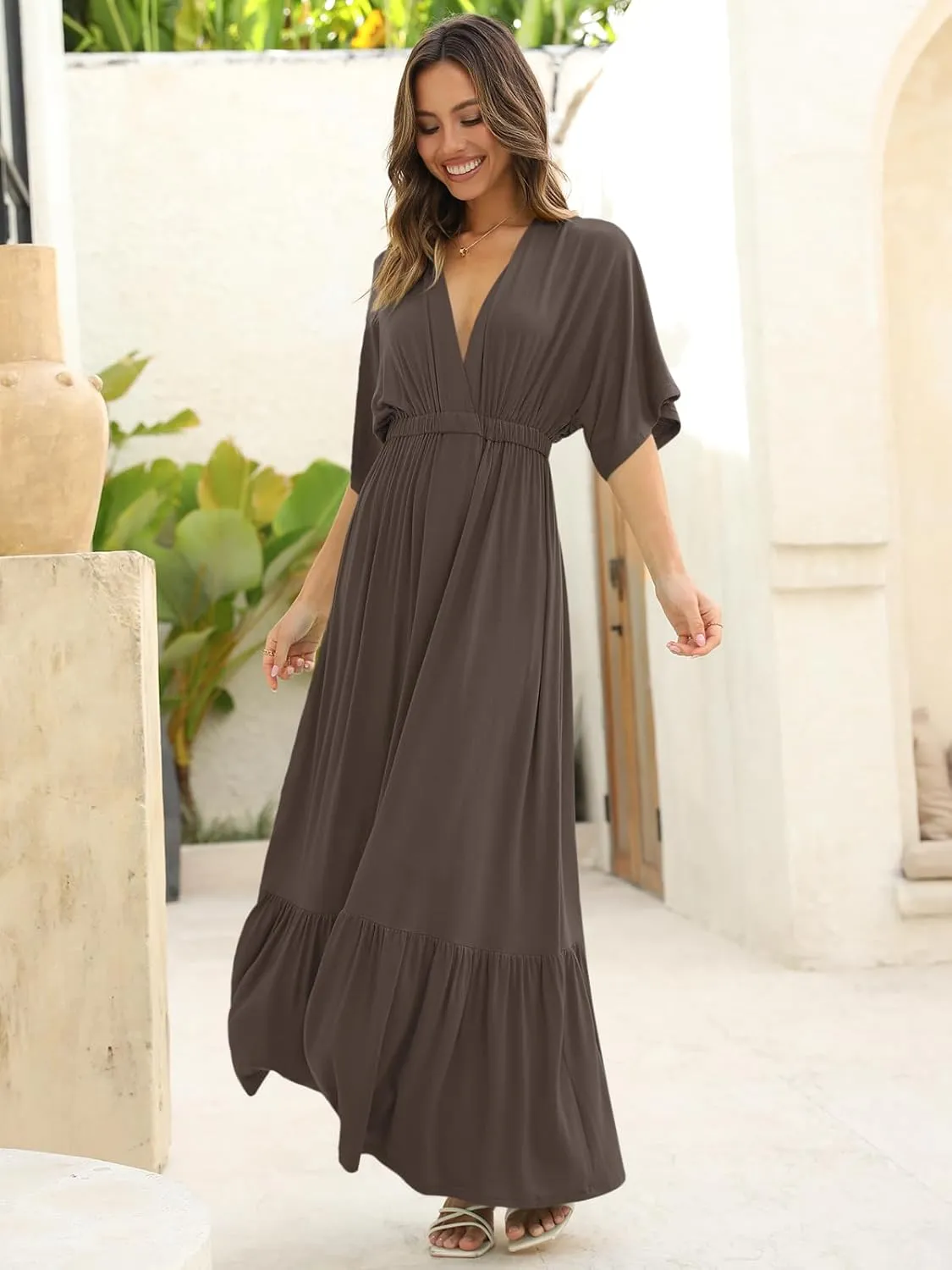 DEEP SELF Womens Summer V Neck Batwing Short Sleeve Maxi Dress Casual Loose High Waist Flowy Long Beach Dress