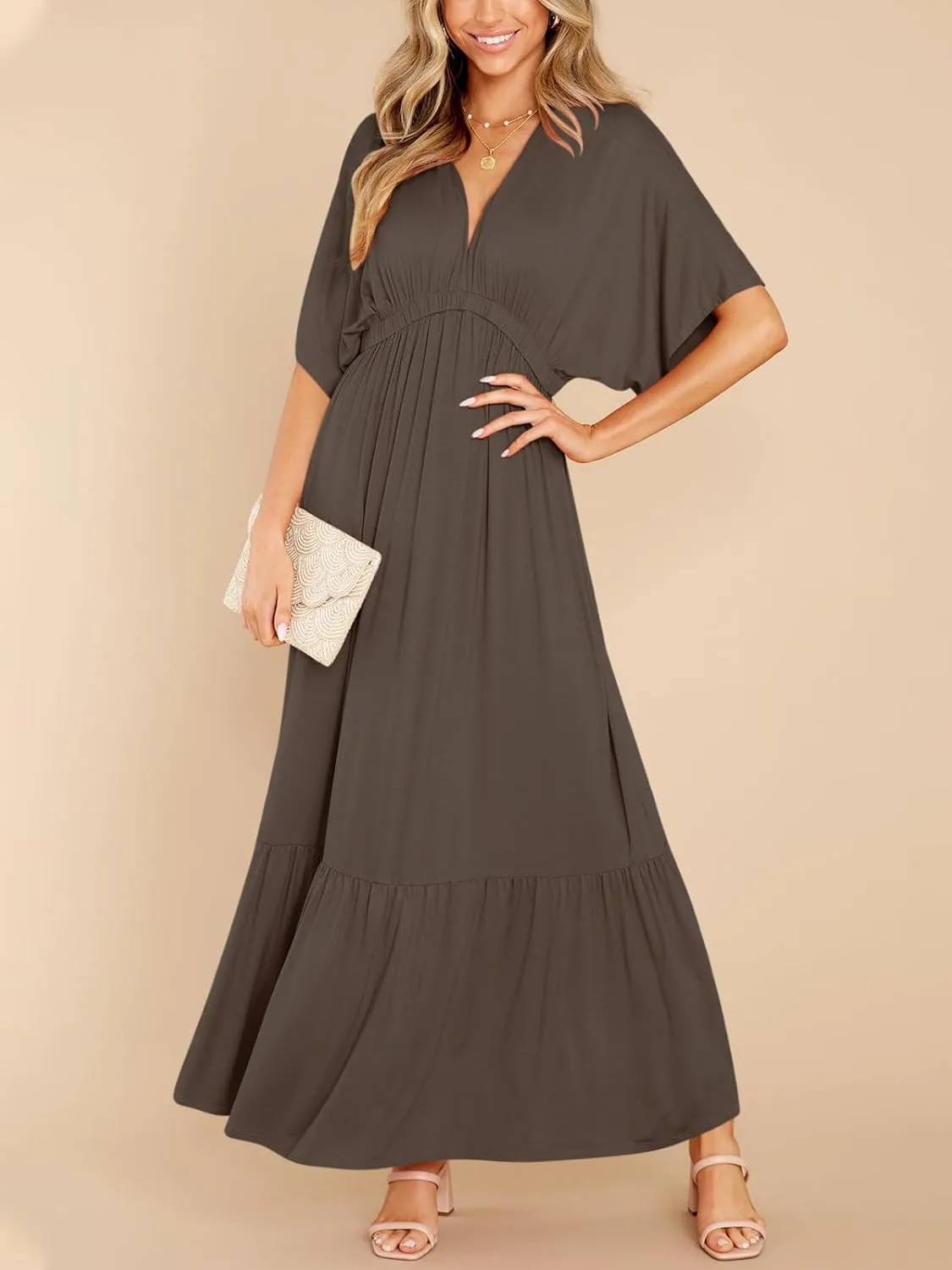DEEP SELF Womens Summer V Neck Batwing Short Sleeve Maxi Dress Casual Loose High Waist Flowy Long Beach Dress