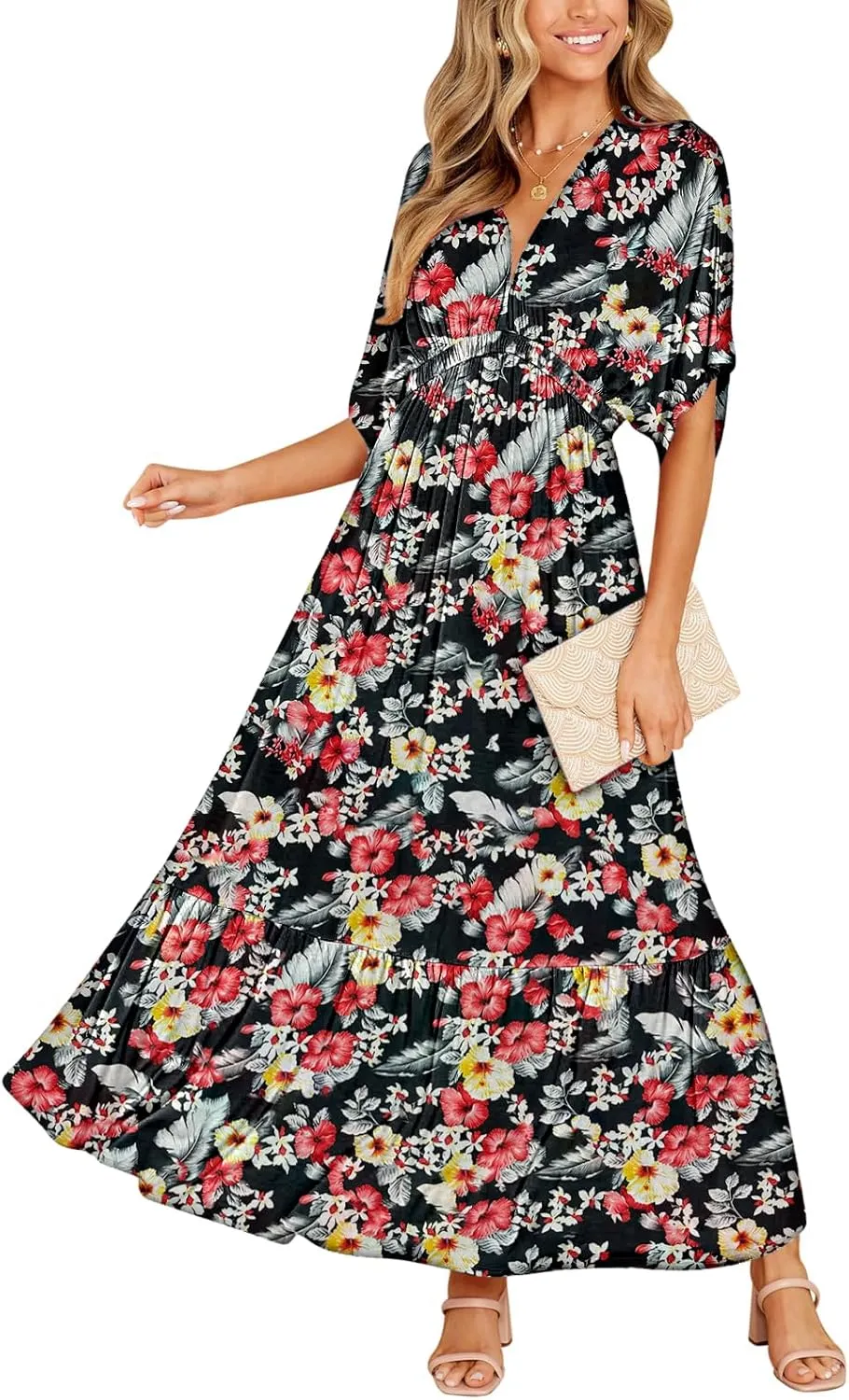 DEEP SELF Womens Summer V Neck Batwing Short Sleeve Maxi Dress Casual Loose High Waist Flowy Long Beach Dress