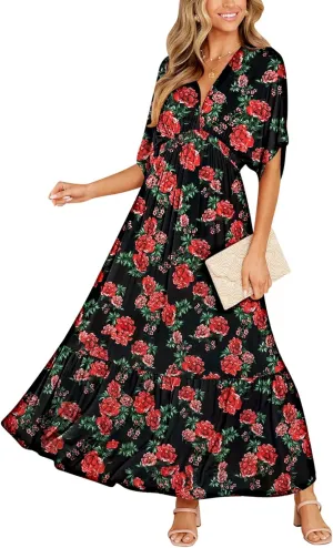 DEEP SELF Womens Summer V Neck Batwing Short Sleeve Maxi Dress Casual Loose High Waist Flowy Long Beach Dress