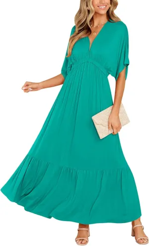 DEEP SELF Women’s Summer V Neck Batwing Short Sleeve Maxi Dress Casual Loose High Waist Flowy Long Beach Dress