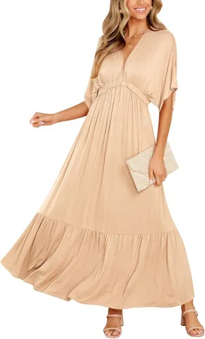 DEEP SELF Women’s Summer V Neck Batwing Short Sleeve Maxi Dress Casual Loose High Waist Flowy Long Beach Dress