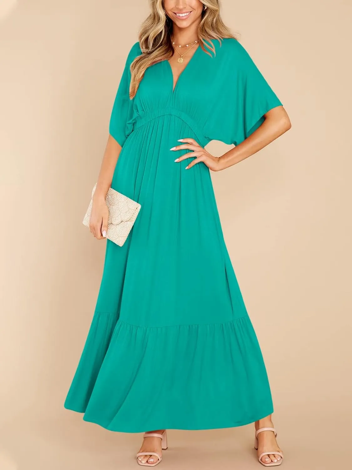 DEEP SELF Women’s Summer V Neck Batwing Short Sleeve Maxi Dress Casual Loose High Waist Flowy Long Beach Dress