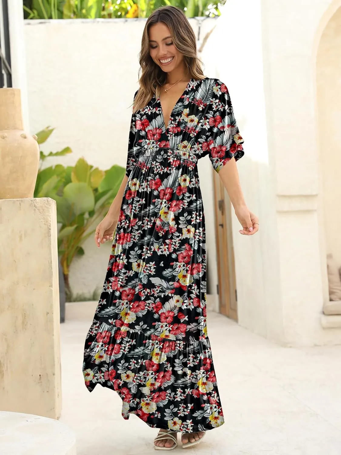 DEEP SELF Womens Summer V Neck Batwing Short Sleeve Maxi Dress Casual Loose High Waist Flowy Long Beach Dress