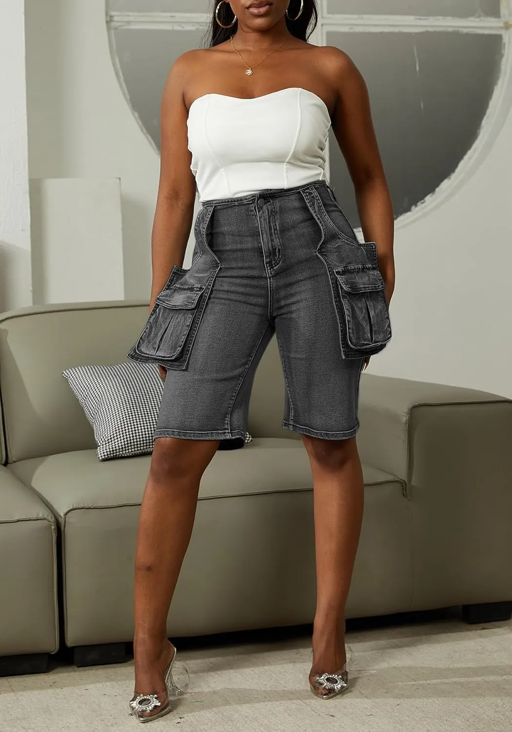 DINGANG Women's Cargo Jean Shorts High Waisted Knee Length Stretchy Bermuda Denim Shorts Flap Pockets