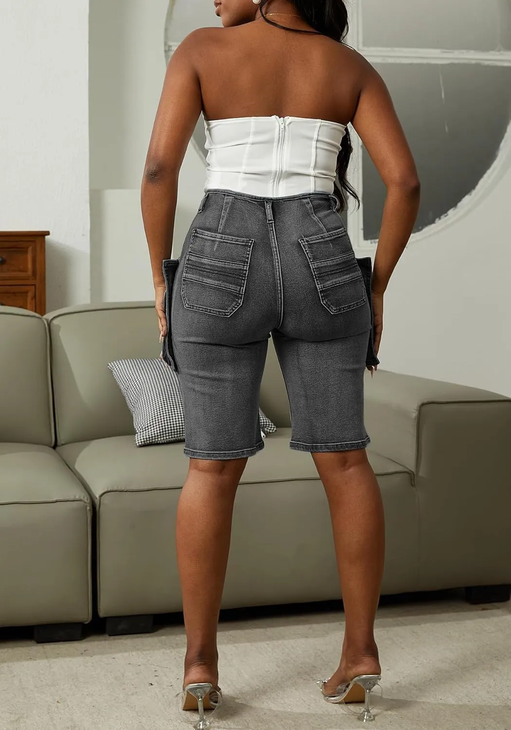 DINGANG Women's Cargo Jean Shorts High Waisted Knee Length Stretchy Bermuda Denim Shorts Flap Pockets