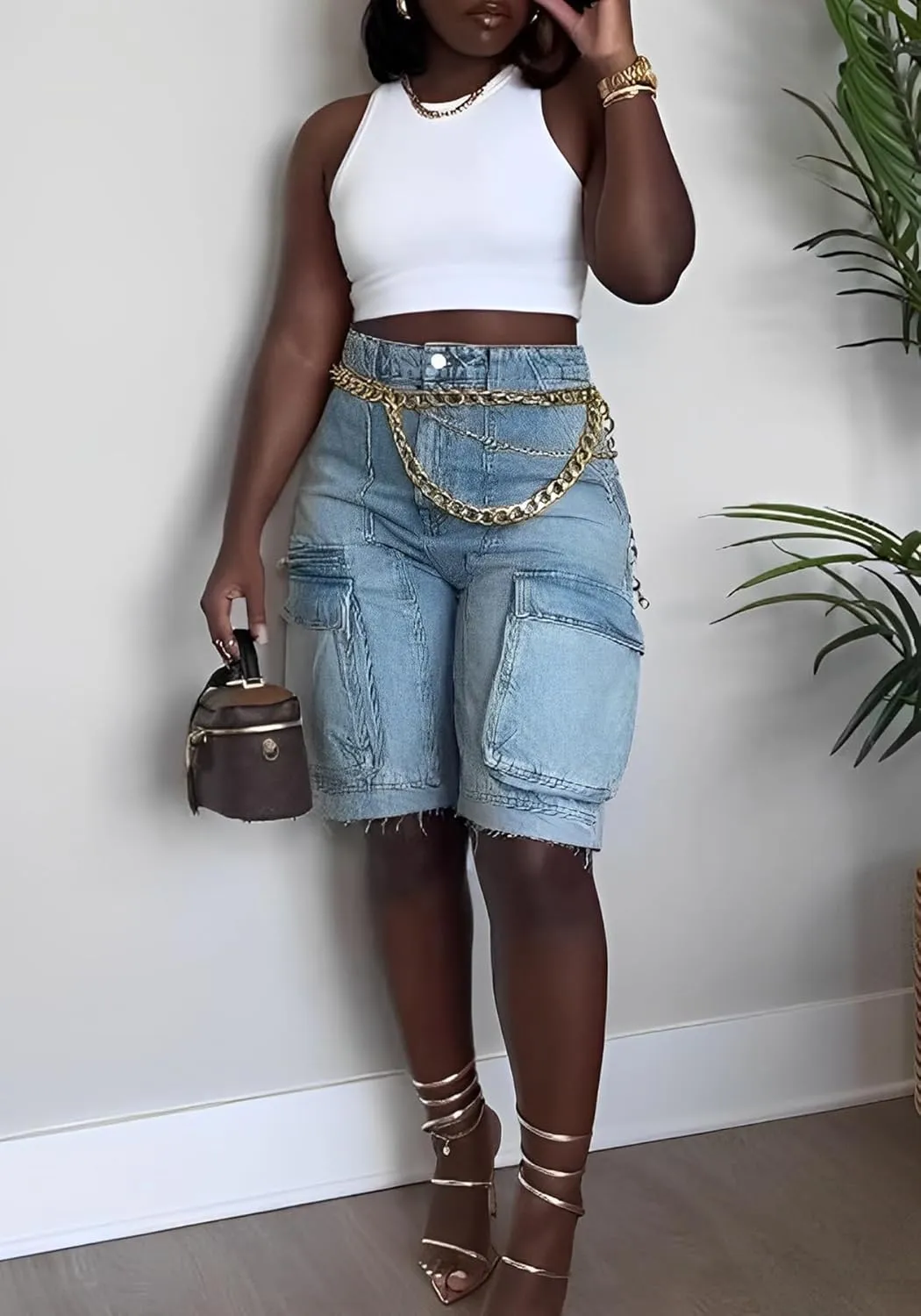 DINGANG Women's Cargo Jean Shorts High Waisted Knee Length Stretchy Bermuda Denim Shorts Flap Pockets