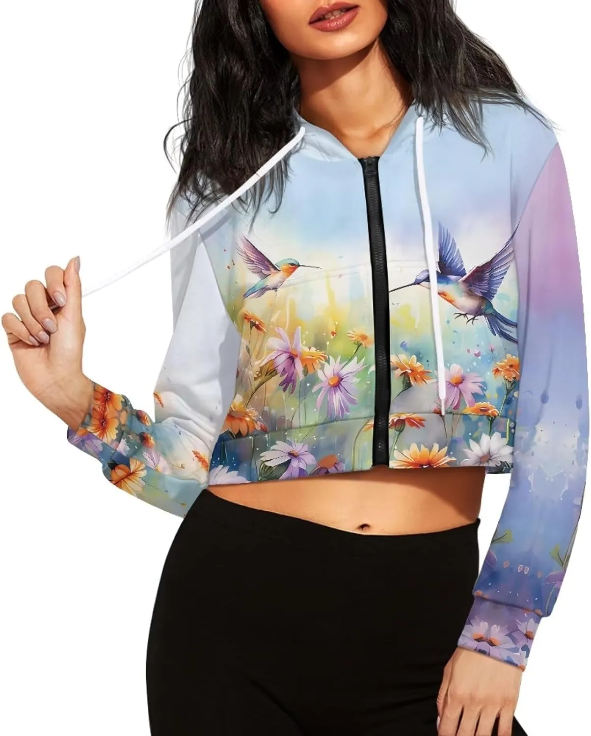 DISNIMO Women's Y2K Hoodies Casual Long Sleeve Zip Up Drawstring Cropped Hoodie Hooded Crop Jacket Top with Pockets
