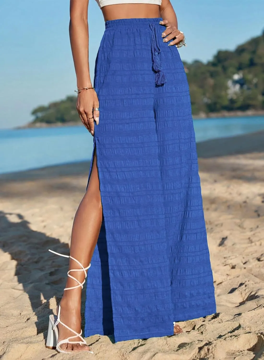 Dokotoo Casual Wide Leg Pants for Women Elastic High Waist Tie Drawstring Side Split Pants