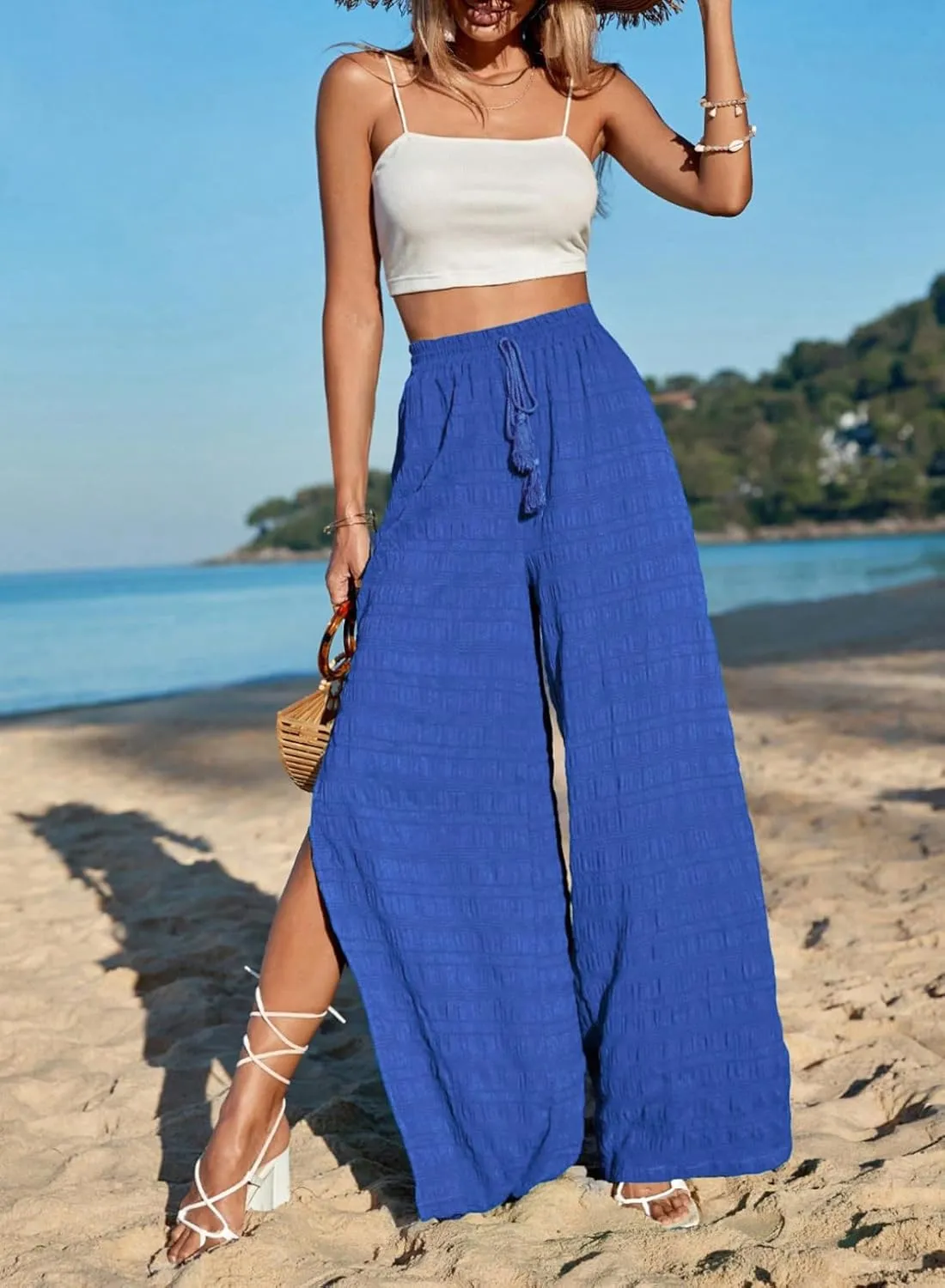 Dokotoo Casual Wide Leg Pants for Women Elastic High Waist Tie Drawstring Side Split Pants