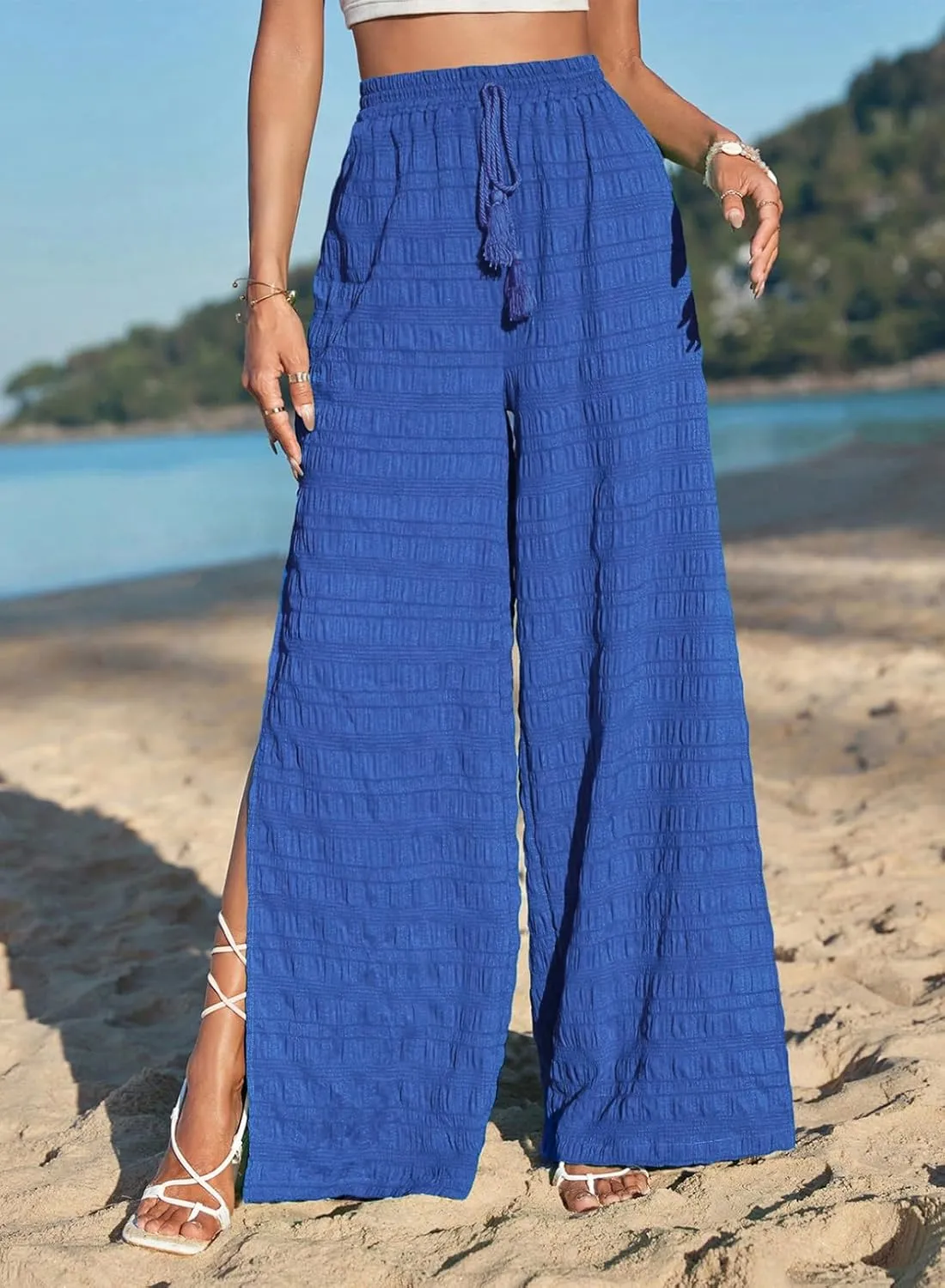 Dokotoo Casual Wide Leg Pants for Women Elastic High Waist Tie Drawstring Side Split Pants