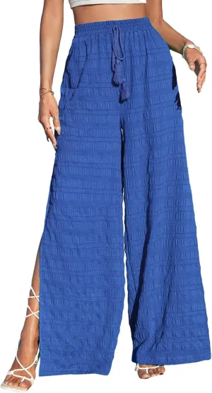 Dokotoo Casual Wide Leg Pants for Women Elastic High Waist Tie Drawstring Side Split Pants