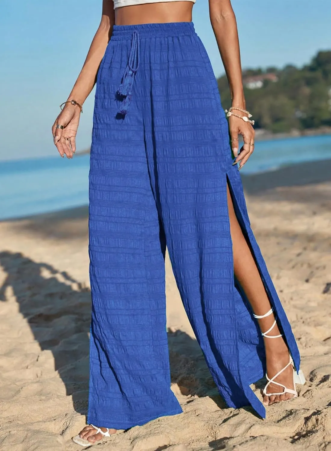 Dokotoo Casual Wide Leg Pants for Women Elastic High Waist Tie Drawstring Side Split Pants