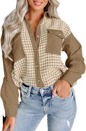 Dokotoo Womens Corduroy Color Block Button Down Shirts Casual V Neck Plaid Long Sleeve Oversized Blouses Tops
