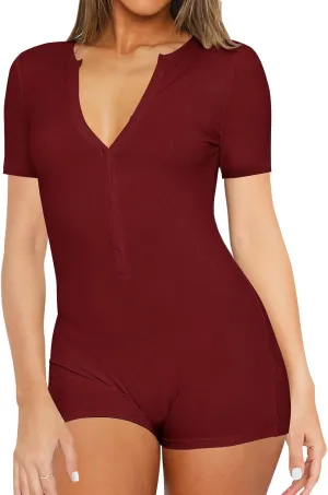 Dressmine Womens Short Sleeve Romper Pajamas V Neck Button Up One Piece Jumpsuits Summer Sexy Unitard