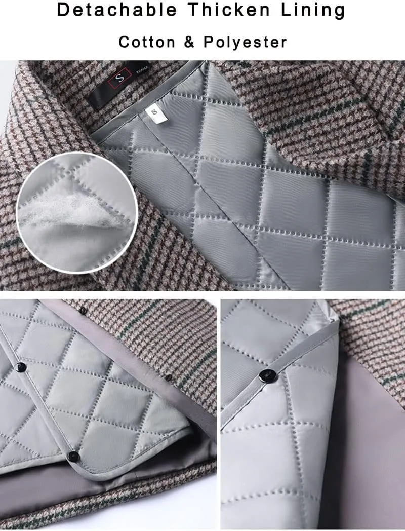 ebossy Womens Double Breasted Plaid Houndstooth Blazer Jacket Thicker Wool Blend Self-Belt Peacoat