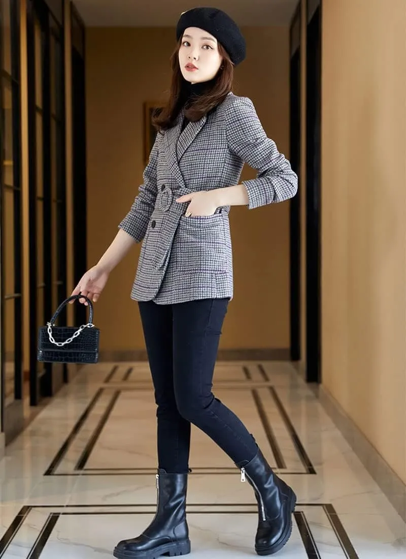 ebossy Womens Double Breasted Plaid Houndstooth Blazer Jacket Thicker Wool Blend Self-Belt Peacoat