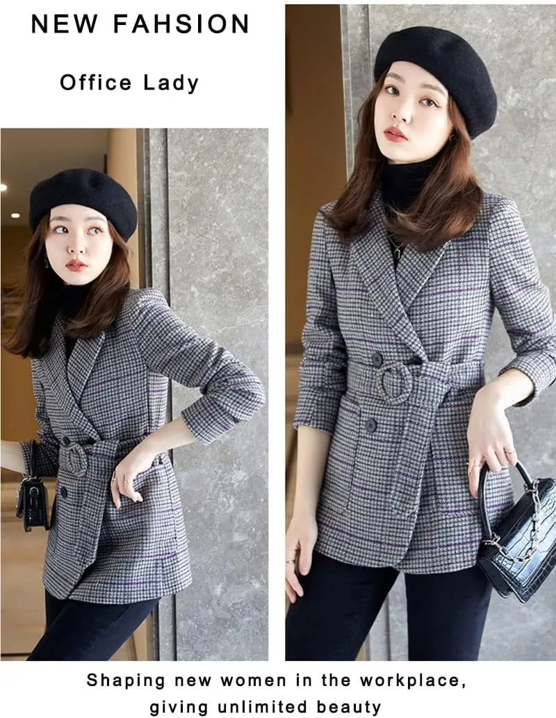 ebossy Womens Double Breasted Plaid Houndstooth Blazer Jacket Thicker Wool Blend Self-Belt Peacoat