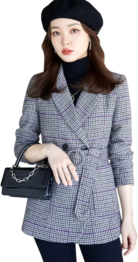 ebossy Womens Double Breasted Plaid Houndstooth Blazer Jacket Thicker Wool Blend Self-Belt Peacoat