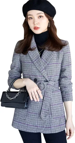 ebossy Womens Double Breasted Plaid Houndstooth Blazer Jacket Thicker Wool Blend Self-Belt Peacoat