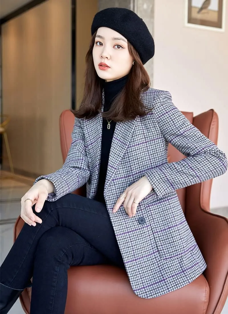 ebossy Womens Double Breasted Plaid Houndstooth Blazer Jacket Thicker Wool Blend Self-Belt Peacoat