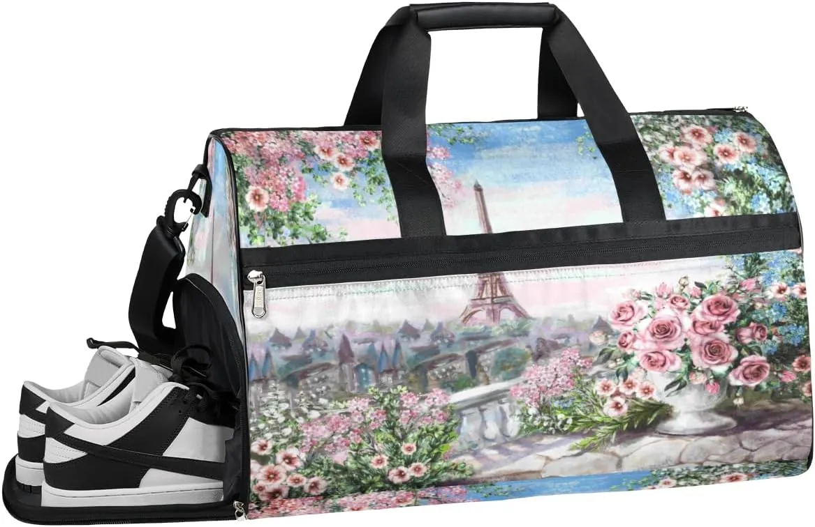 Eiffel Tower Flowers Sports Gym Bag with Wet Pocket & Shoes Compartment Waterproof Workout Duffel Bag for Women and Men Weekender Overnight Duffle Bag Travel Carry-on Tote