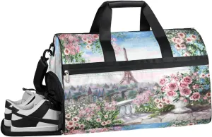 Eiffel Tower Flowers Sports Gym Bag with Wet Pocket & Shoes Compartment Waterproof Workout Duffel Bag for Women and Men Weekender Overnight Duffle Bag Travel Carry-on Tote