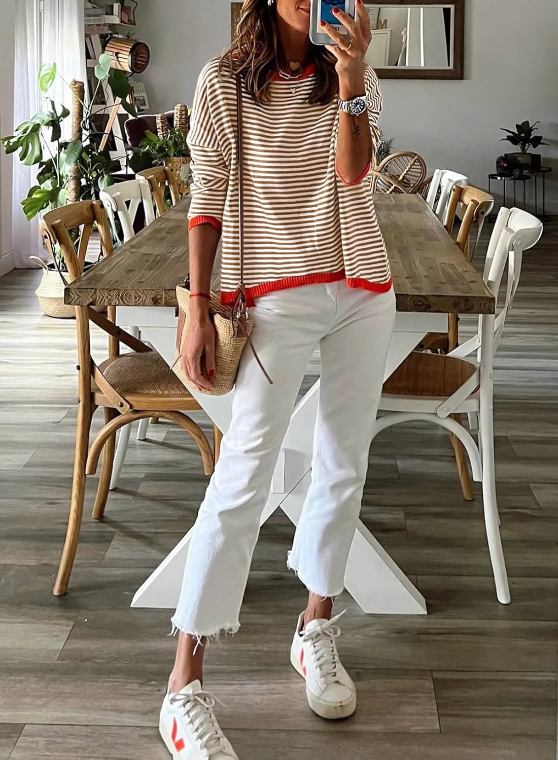 ELFTOWN Women's Cotton Crew Neck Long Sleeve Striped Sweater Pullover Color Block Oversized Casual Knitted Jumper Top