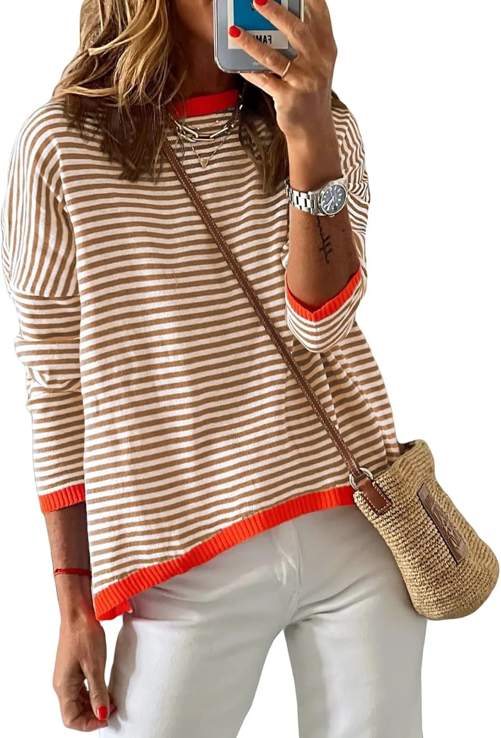 ELFTOWN Women's Cotton Crew Neck Long Sleeve Striped Sweater Pullover Color Block Oversized Casual Knitted Jumper Top