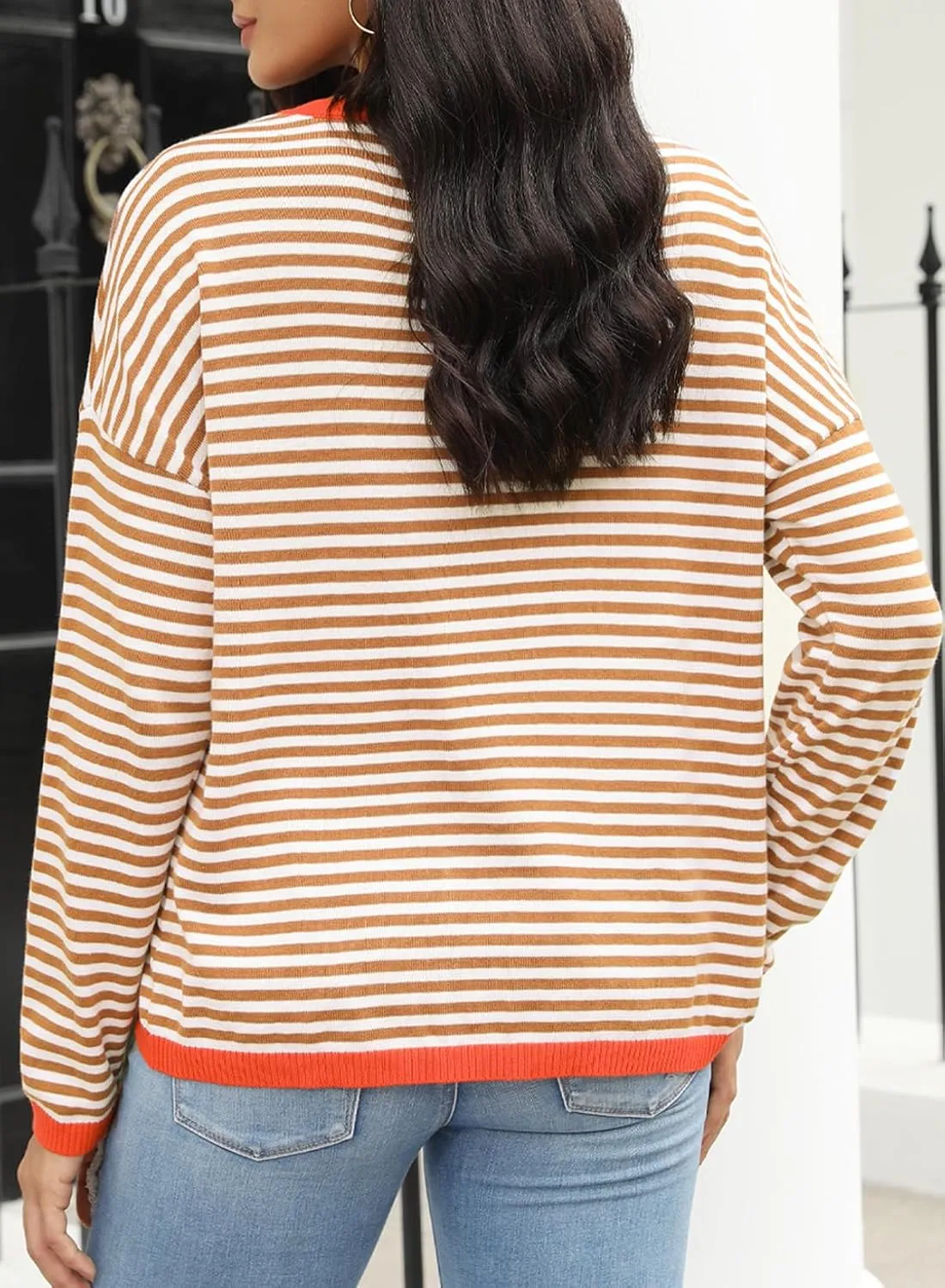 ELFTOWN Women's Cotton Crew Neck Long Sleeve Striped Sweater Pullover Color Block Oversized Casual Knitted Jumper Top