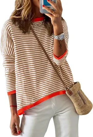 ELFTOWN Women's Cotton Crew Neck Long Sleeve Striped Sweater Pullover Color Block Oversized Casual Knitted Jumper Top