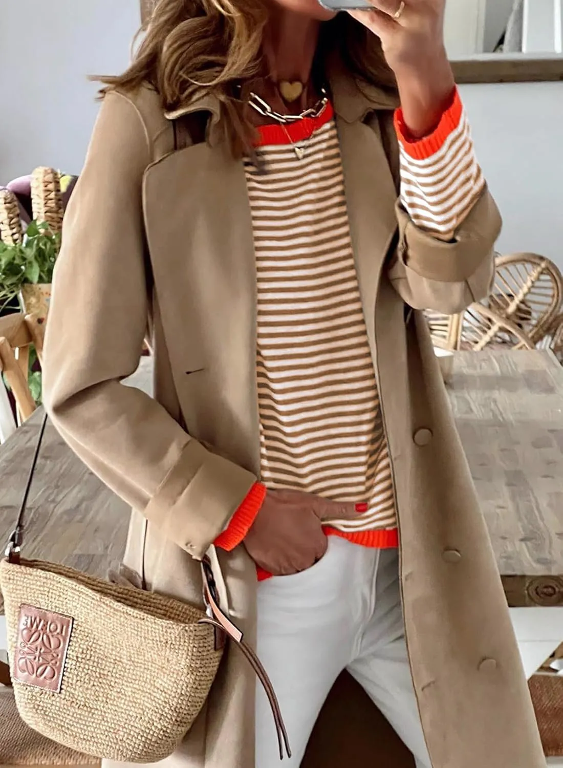 ELFTOWN Women's Cotton Crew Neck Long Sleeve Striped Sweater Pullover Color Block Oversized Casual Knitted Jumper Top