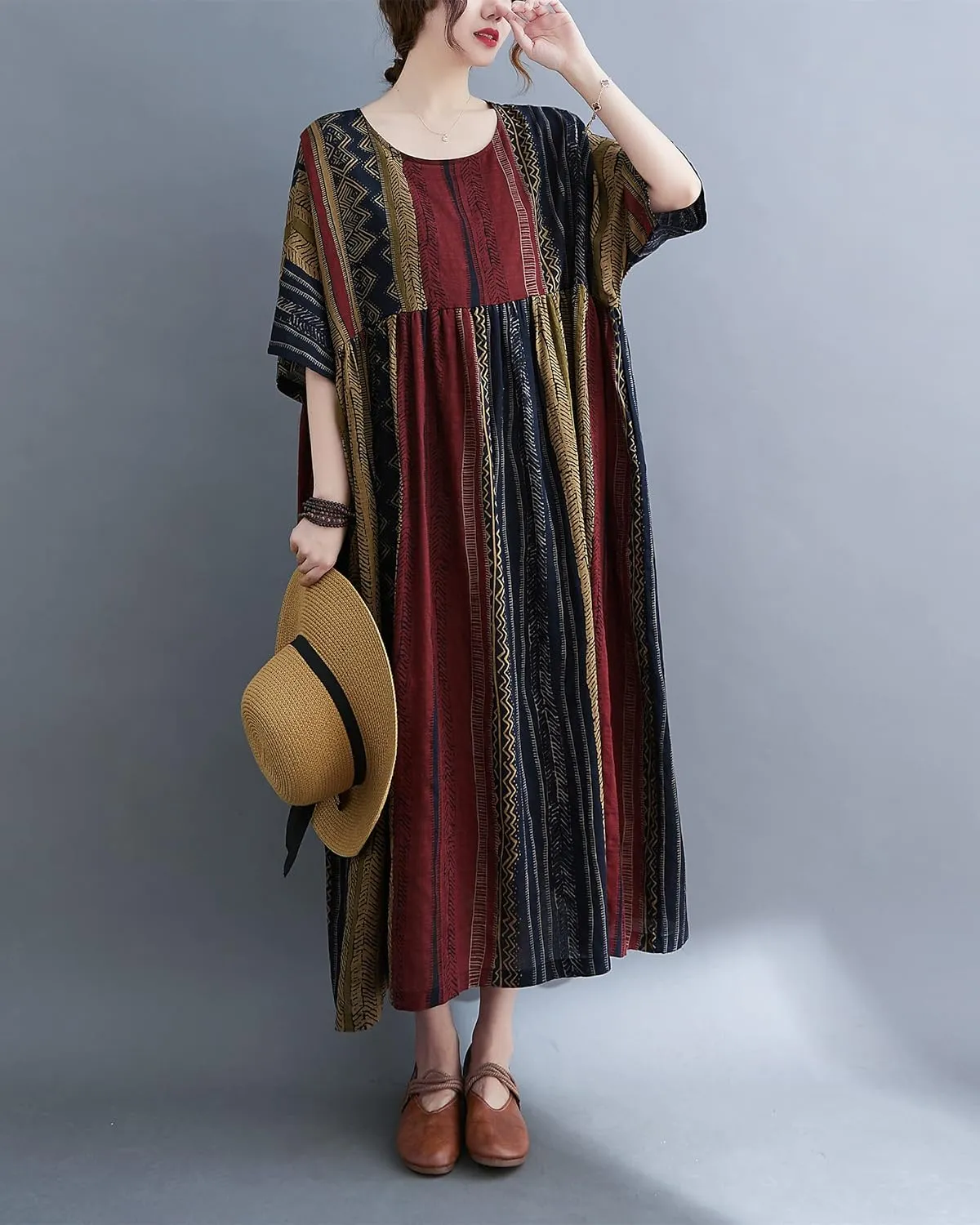 ellazhu Women Casual Loose Midi Ankle Length Florals Print Short Sleeve Crewneck Dress GA2526
