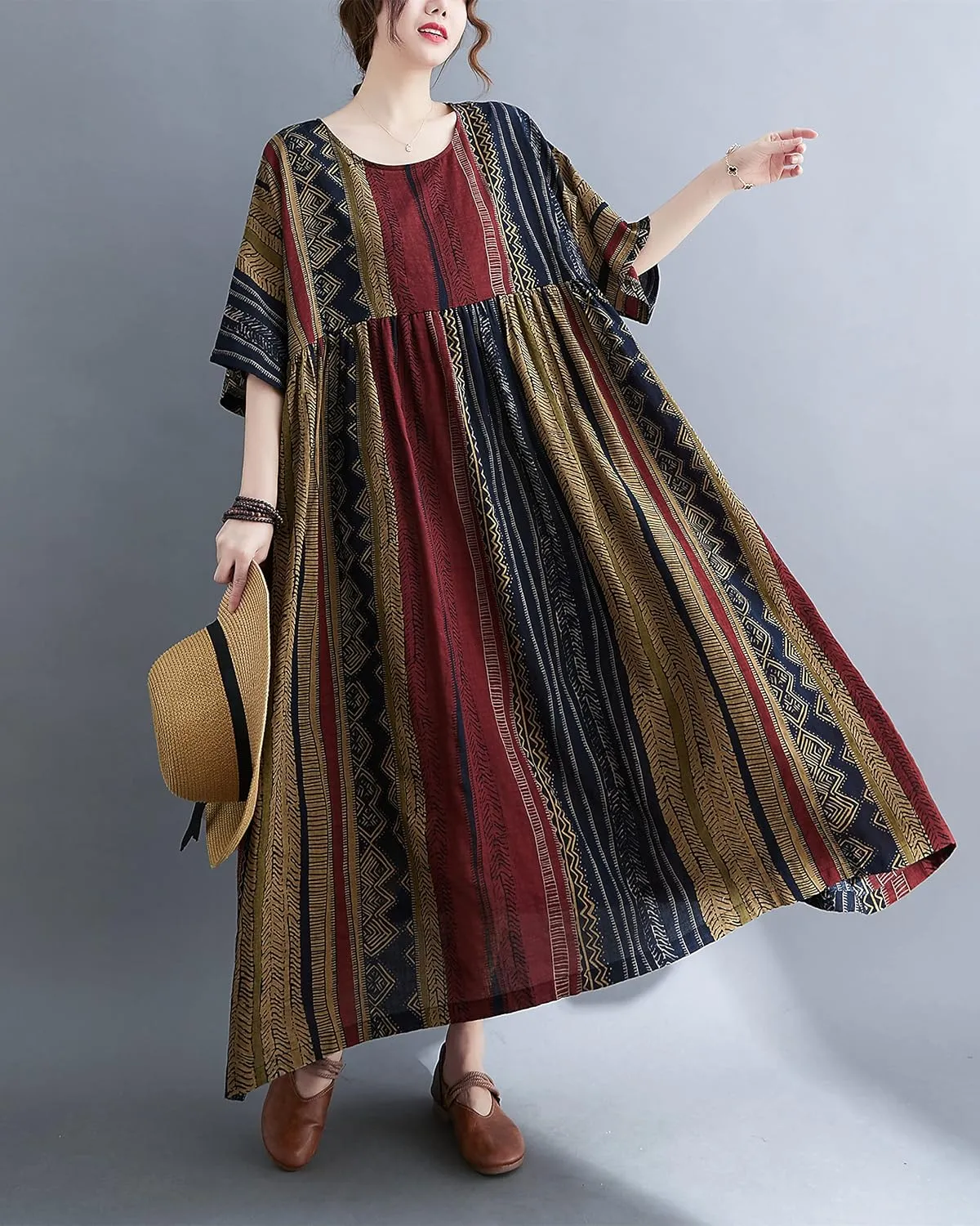 ellazhu Women Casual Loose Midi Ankle Length Florals Print Short Sleeve Crewneck Dress GA2526