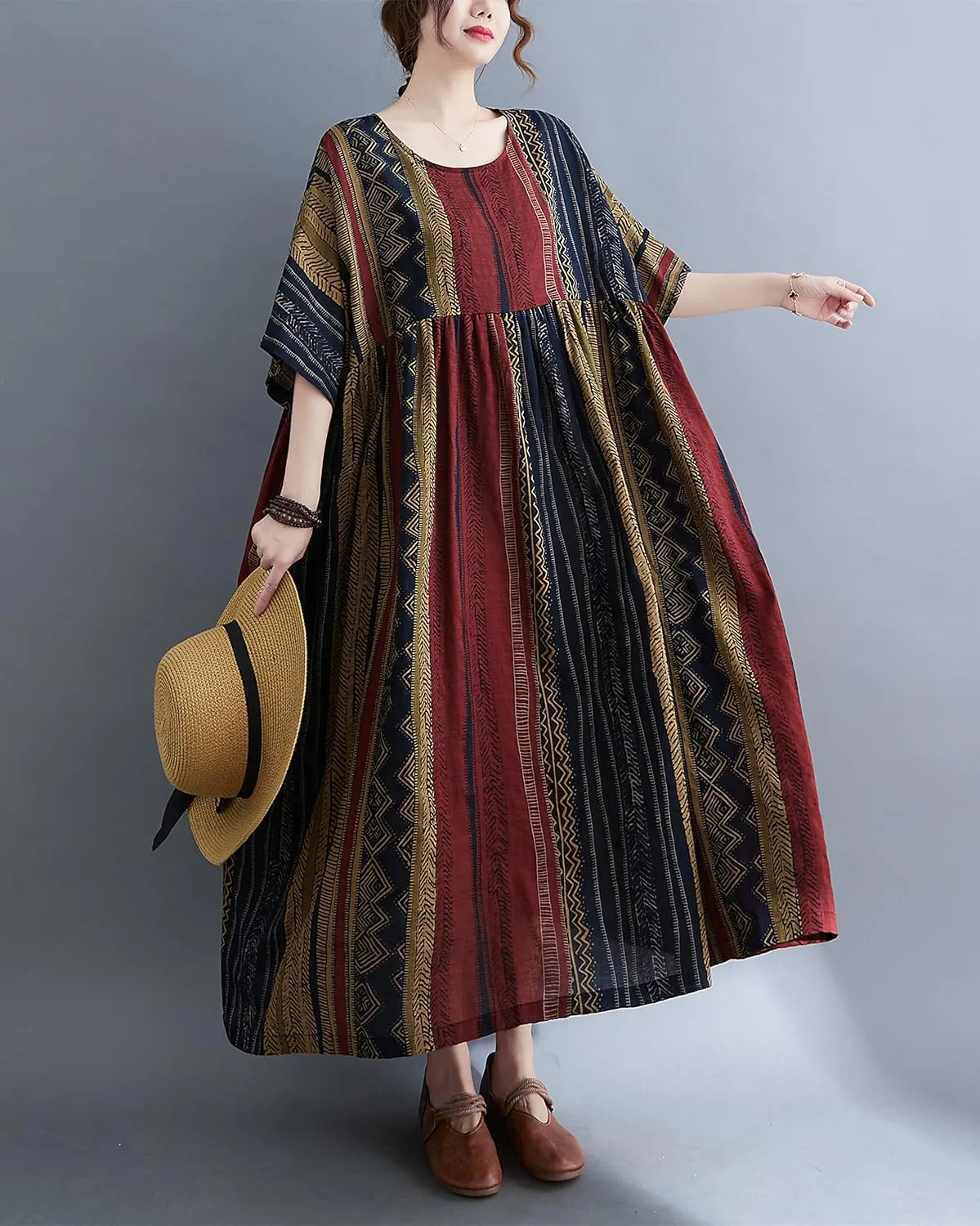 ellazhu Women Casual Loose Midi Ankle Length Florals Print Short Sleeve Crewneck Dress GA2526