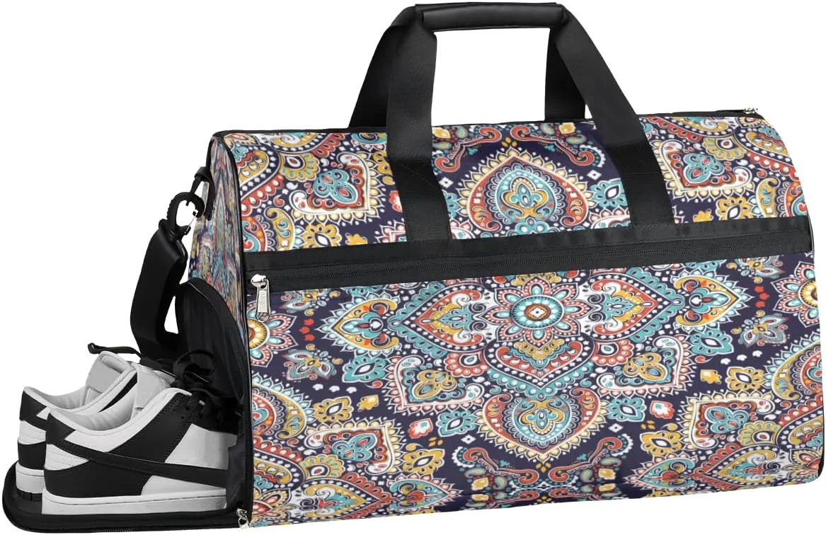 Ethnic Mandala Style Sports Gym Bag with Wet Pocket & Shoes Compartment Waterproof Workout Duffel Bag for Women and Men Weekender Overnight Duffle Bag Travel Carry-on Tote