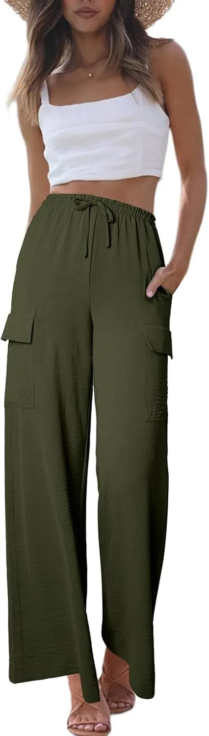 EVALESS Women Palazzo Pants Summer Casual Wide Leg High Waist Lounge Flowy Beach Trousers Travel Vacation Outfits