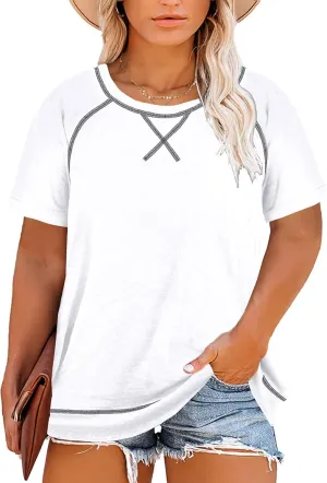 Eytino Women Plus Size Tops V Neck Short Sleeve Striped Causal Loose Blouse Shirts with Pocket(1X-5X)