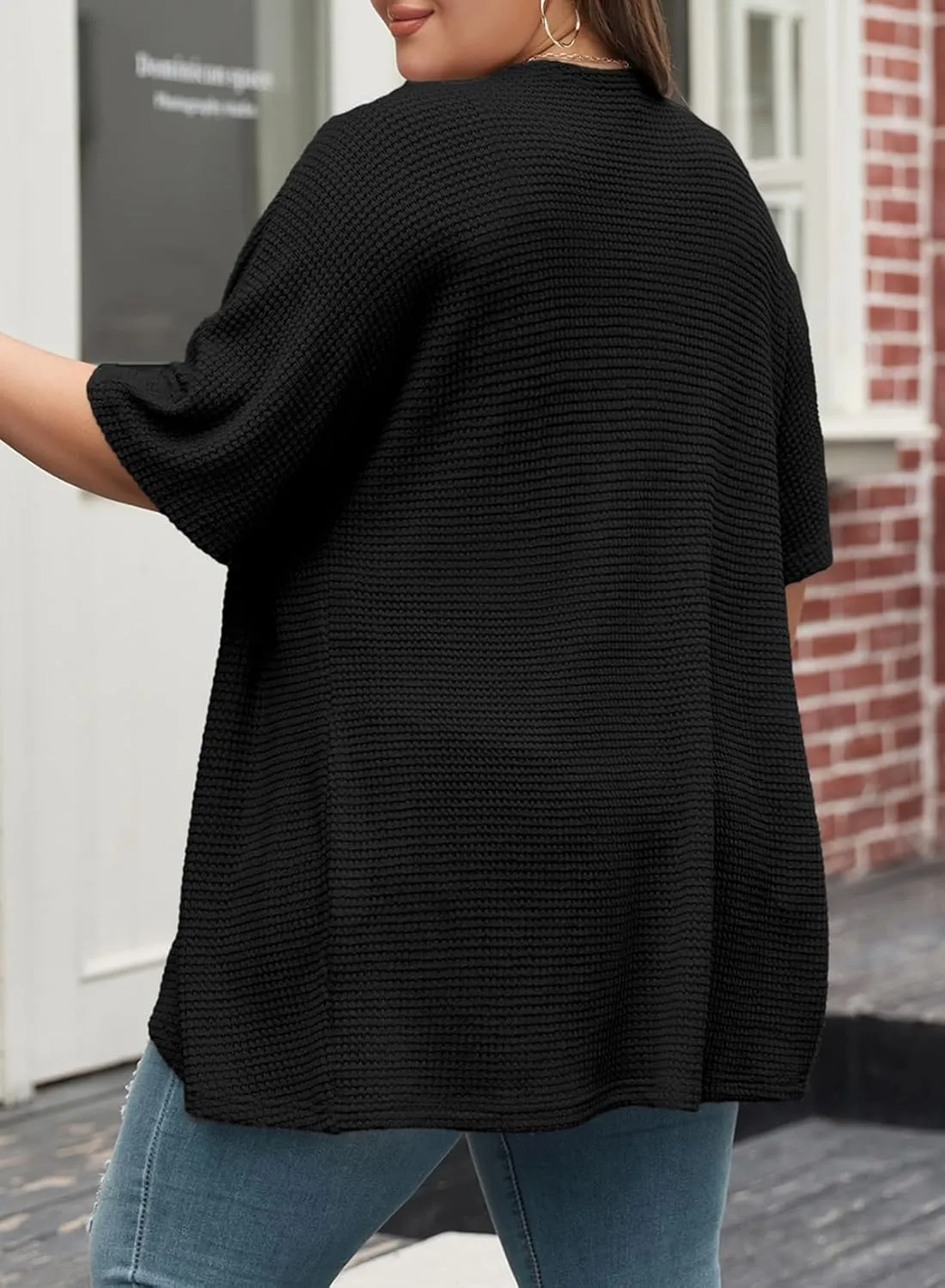Eytino Womens Plus Size Cardigan Casual Short Sleeve Waffle Knit Kimono Open Front Tops(1X-5X)