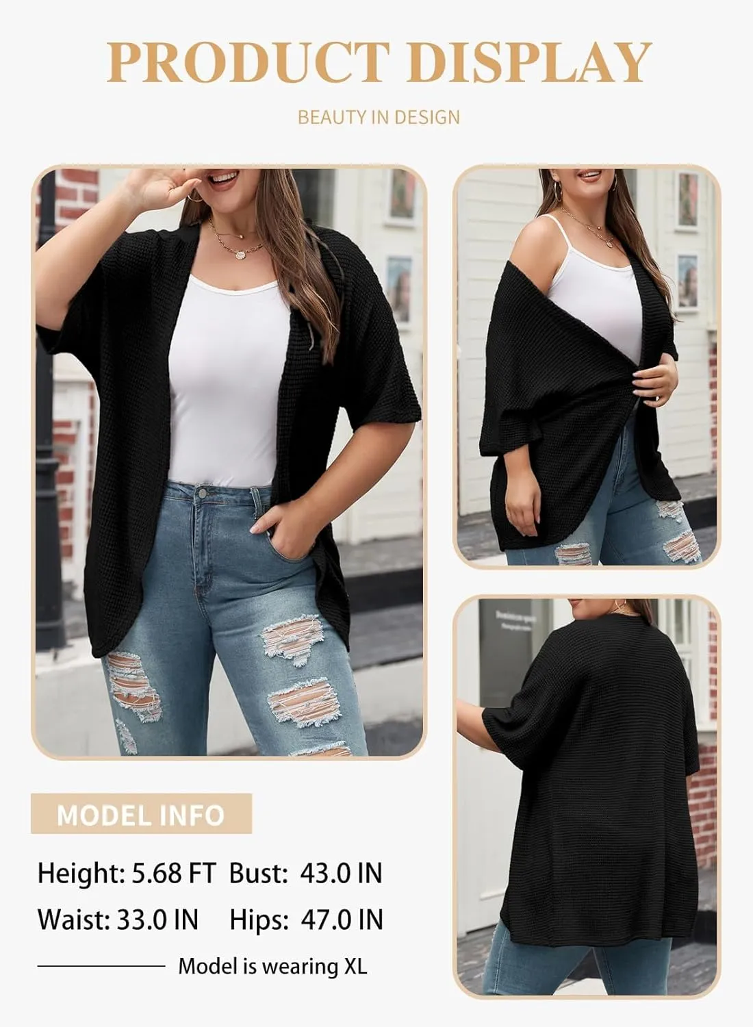 Eytino Womens Plus Size Cardigan Casual Short Sleeve Waffle Knit Kimono Open Front Tops(1X-5X)