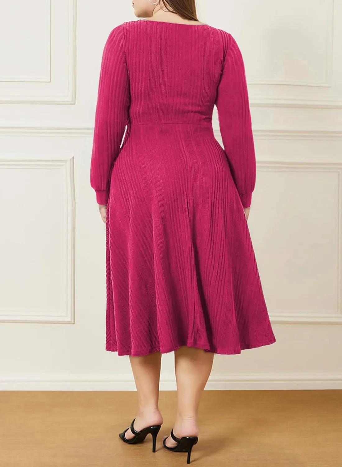 Eytino Womens Plus Size Dress Square Neck Long Sleeve Midi Sweater Dresses with Pockets(1X-5X)