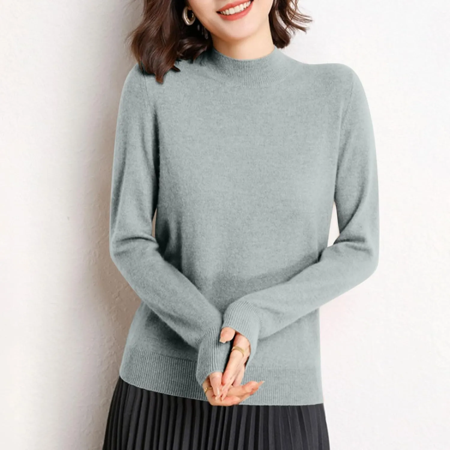Fall Sweater for Women Casual Comfy Oversized Basic Knit Sweater Tops Long Sleeve Mock Neck Slim Fit Trendy Pullover