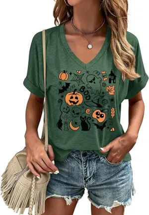 Fall V Neck T Shirt Funny Halloween Thanksgiving Graphic Tee Casual Family Halloween Costume Tops