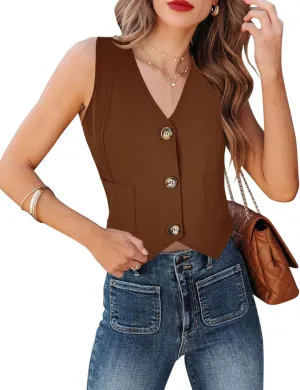 Fallorchid Women's Business Button Up Sleeveless Vest Crop Tops V Neck Jacket Waistcoat