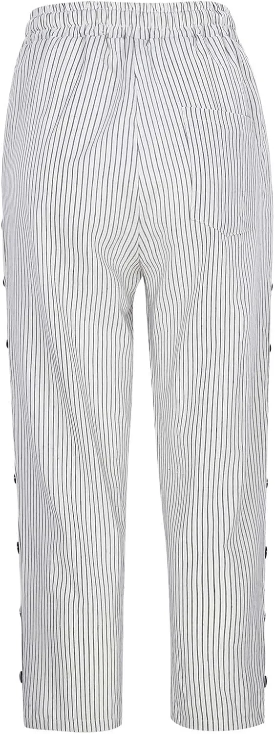fanmpghleoo Pinstripe Pants Women Cropped Drawstring Striped Linen Pants Women Summer Casual Loose Linen Capris with Pockets