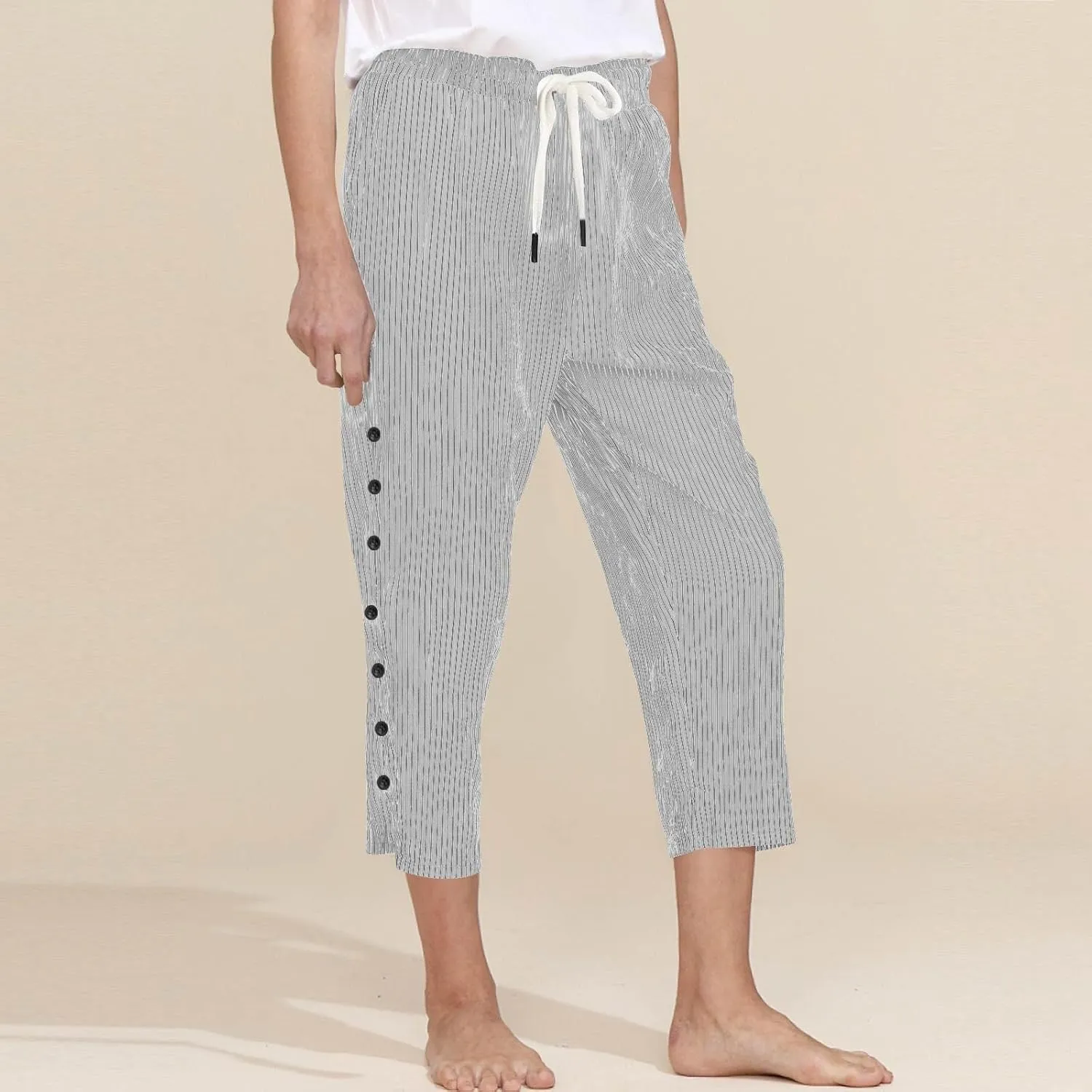 fanmpghleoo Pinstripe Pants Women Cropped Drawstring Striped Linen Pants Women Summer Casual Loose Linen Capris with Pockets